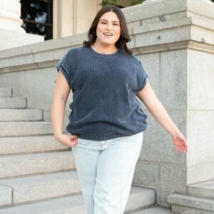 Perch Ribbed Knit Cap Sleeve Sweater Top‎ Button Back Plus Size 3X